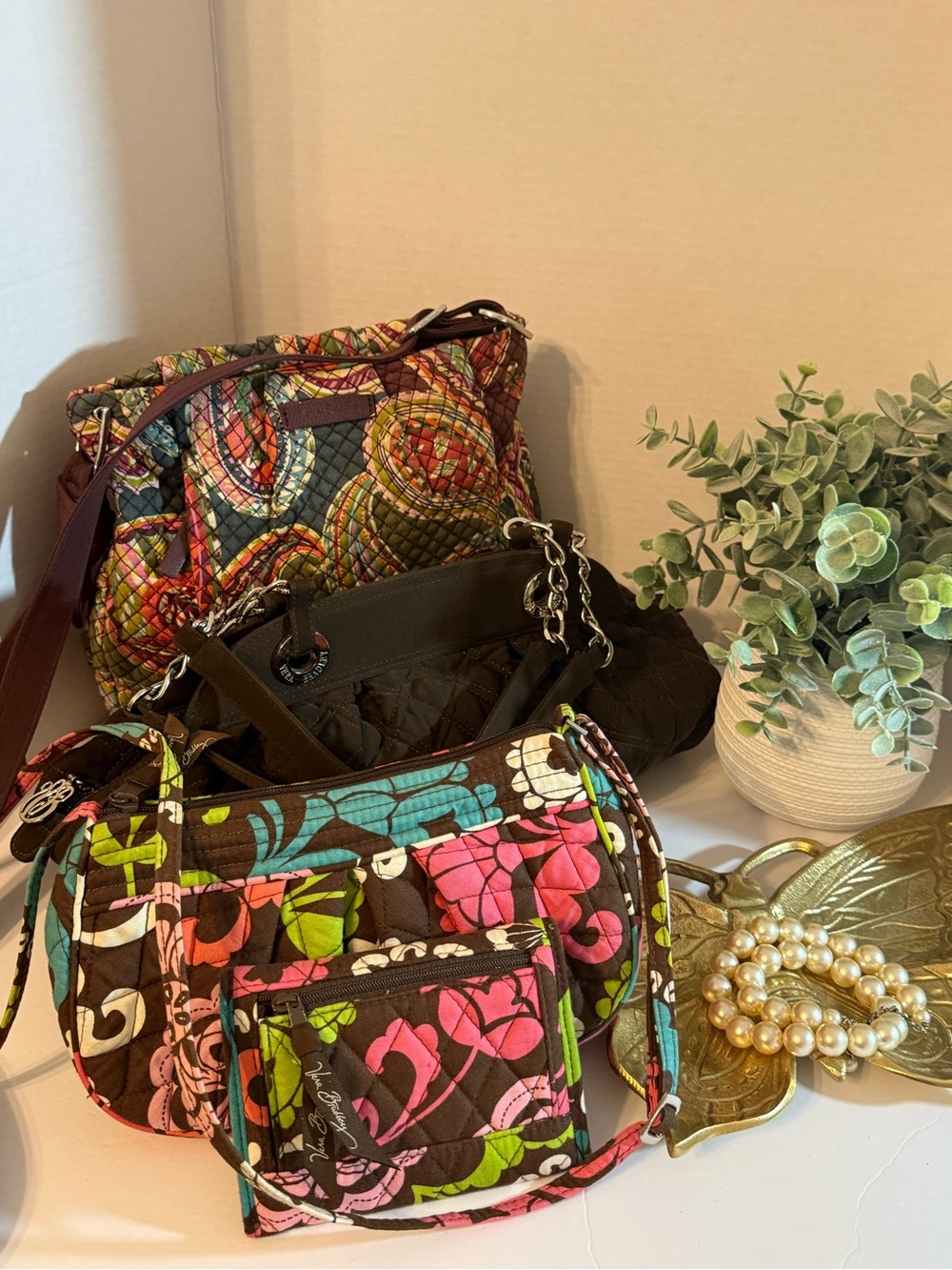 Vera Bradley Brown Quilted Crossbody with Bright Floral Print bundle